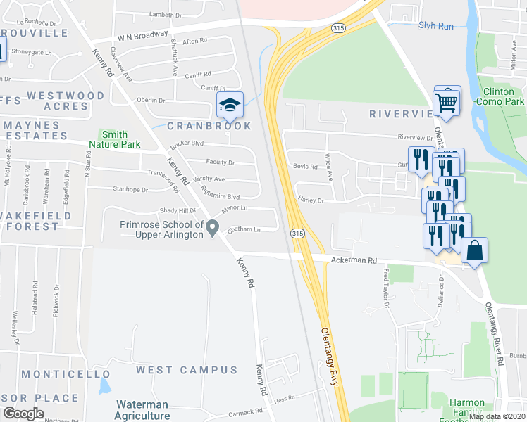 map of restaurants, bars, coffee shops, grocery stores, and more near 922 Chatham Lane in Columbus