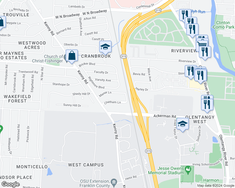 map of restaurants, bars, coffee shops, grocery stores, and more near 922 Chatham Lane in Columbus