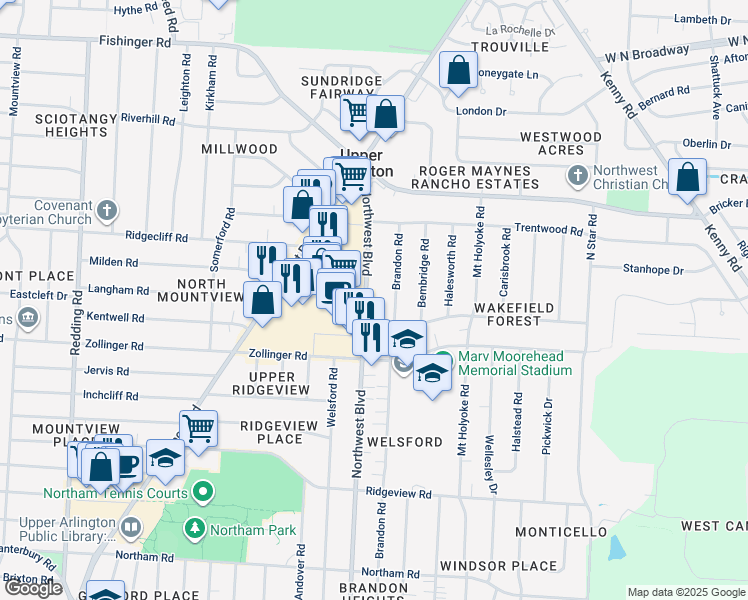 map of restaurants, bars, coffee shops, grocery stores, and more near 3065 Brandon Road in Columbus