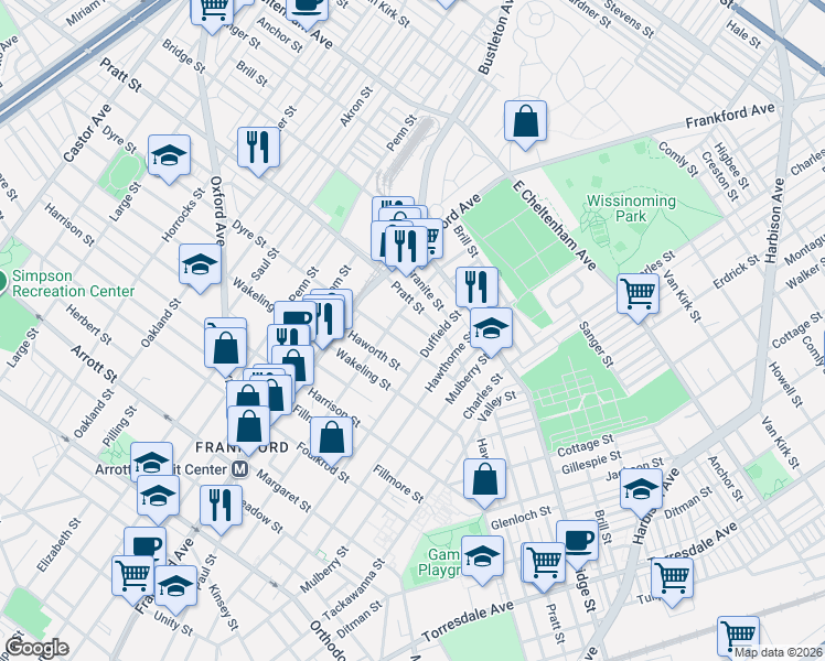 map of restaurants, bars, coffee shops, grocery stores, and more near 1662 Conklin Street in Philadelphia