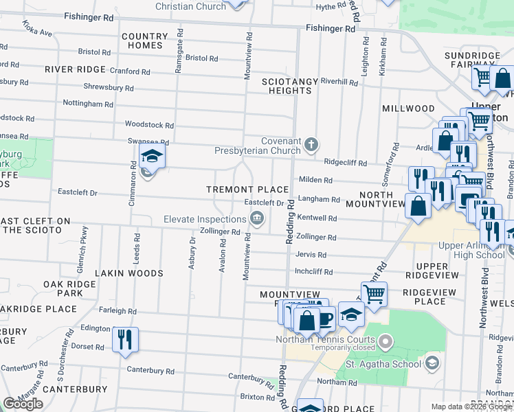 map of restaurants, bars, coffee shops, grocery stores, and more near 3157 Ainwick Road in Columbus
