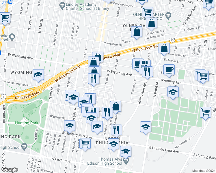 map of restaurants, bars, coffee shops, grocery stores, and more near 322 West Courtland Street in Philadelphia