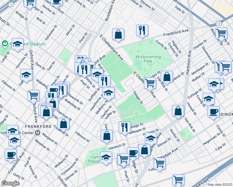 map of restaurants, bars, coffee shops, grocery stores, and more near 1764 Brill Street in Philadelphia