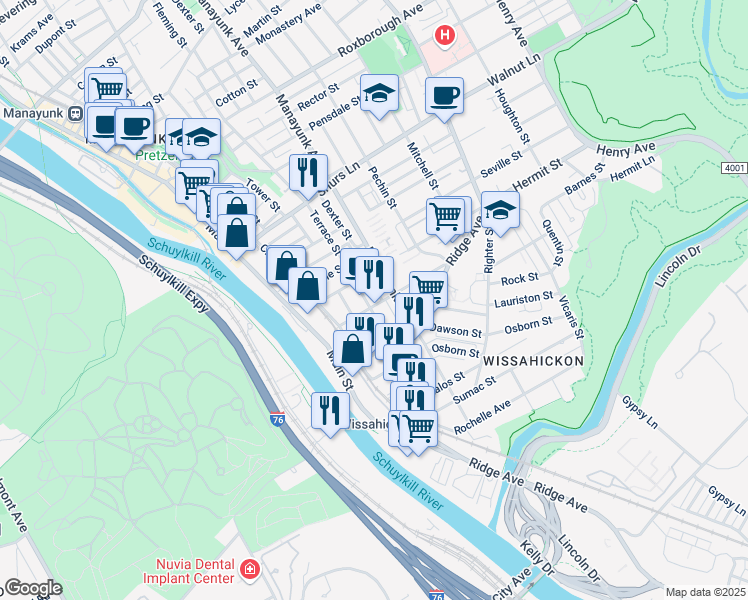 map of restaurants, bars, coffee shops, grocery stores, and more near 114 Salaignac Street in Philadelphia