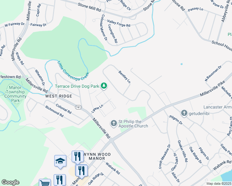 map of restaurants, bars, coffee shops, grocery stores, and more near 100 Bentley Lane in Lancaster