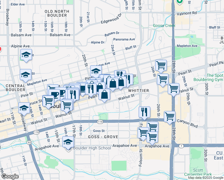 map of restaurants, bars, coffee shops, grocery stores, and more near 2201 Pearl Street in Boulder