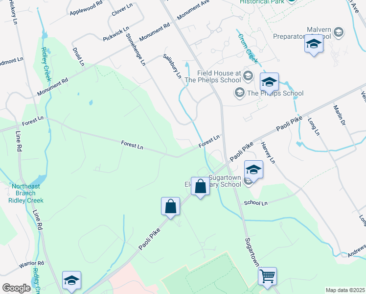 map of restaurants, bars, coffee shops, grocery stores, and more near 814 Forest Lane in Malvern
