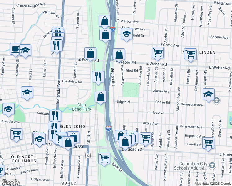 map of restaurants, bars, coffee shops, grocery stores, and more near 2722 Beulah Road in Columbus