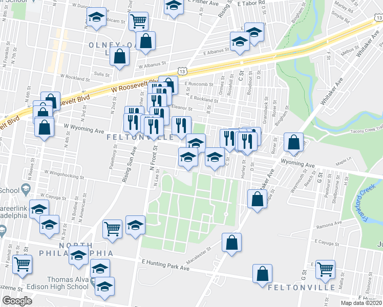 map of restaurants, bars, coffee shops, grocery stores, and more near 4649 Ella Street in Philadelphia