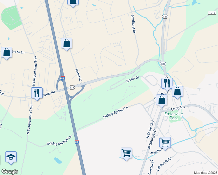 map of restaurants, bars, coffee shops, grocery stores, and more near 373 Bruaw Drive in York