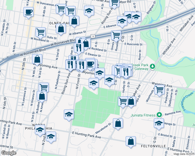 map of restaurants, bars, coffee shops, grocery stores, and more near 4649 Ella Street in Philadelphia