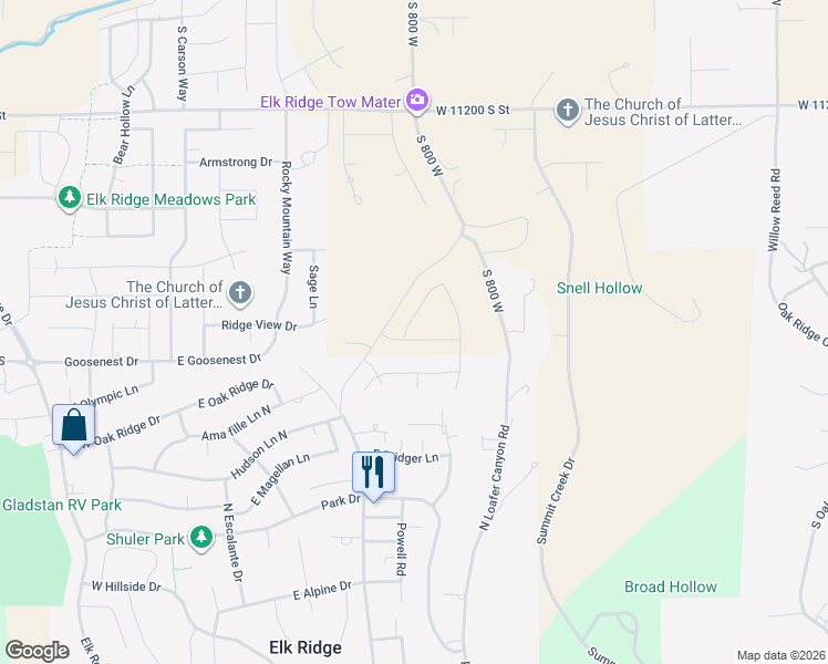 map of restaurants, bars, coffee shops, grocery stores, and more near 627 East Birch Lane in Elk Ridge