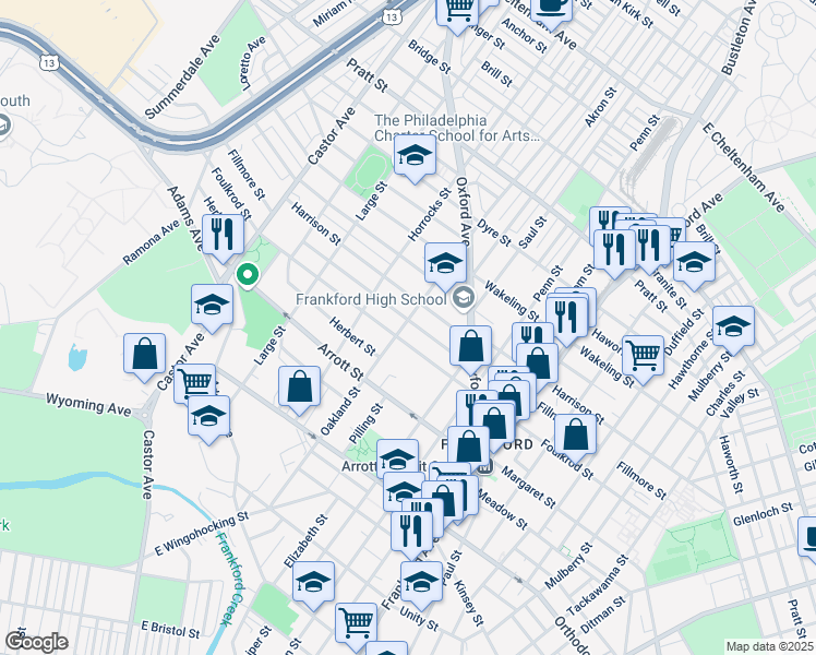 map of restaurants, bars, coffee shops, grocery stores, and more near 1302 Fillmore Street in Philadelphia