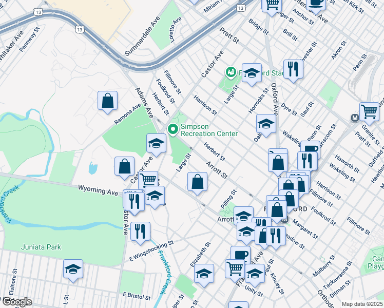 map of restaurants, bars, coffee shops, grocery stores, and more near 1100 Arrott Street in Philadelphia