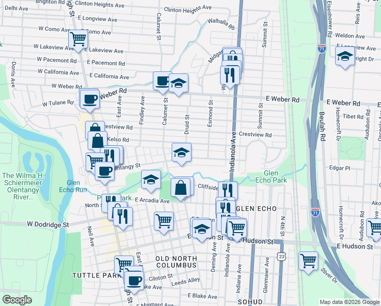 map of restaurants, bars, coffee shops, grocery stores, and more near 253 Olentangy Street in Columbus