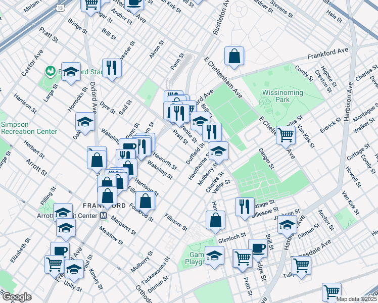 map of restaurants, bars, coffee shops, grocery stores, and more near 1673 Conklin Street in Philadelphia