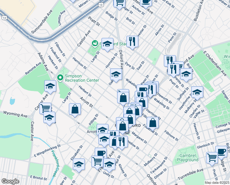 map of restaurants, bars, coffee shops, grocery stores, and more near 1340 Harrison Street in Philadelphia