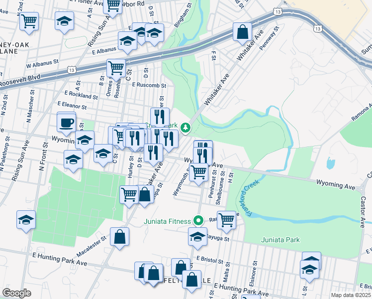 map of restaurants, bars, coffee shops, grocery stores, and more near 4733 Tampa Street in Philadelphia