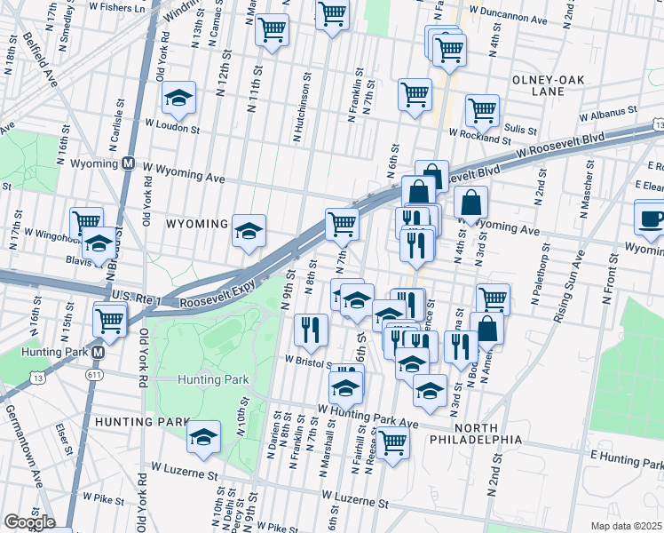 map of restaurants, bars, coffee shops, grocery stores, and more near 711 West Annsbury Street in Philadelphia