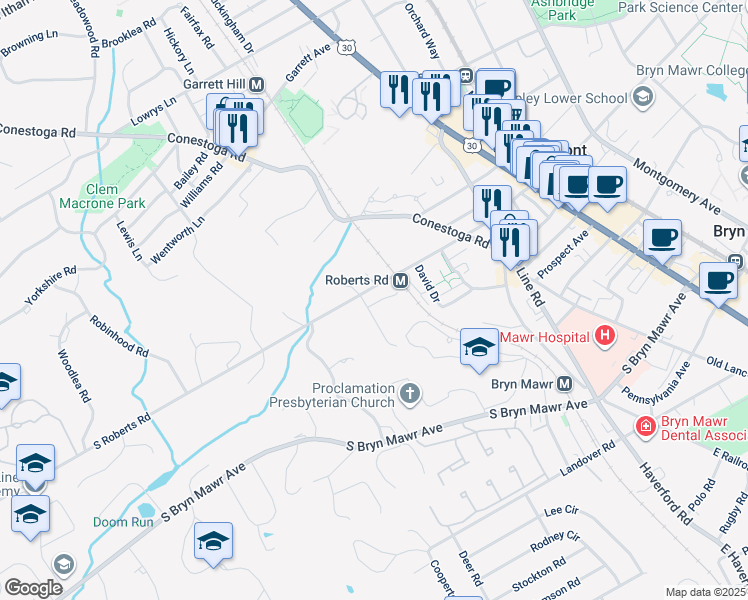 map of restaurants, bars, coffee shops, grocery stores, and more near 800 Vauclain Lane in Bryn Mawr