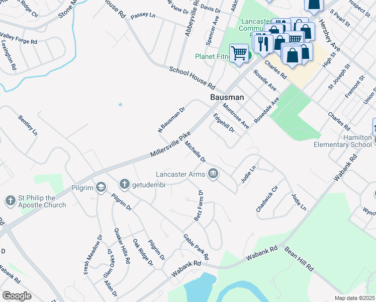 map of restaurants, bars, coffee shops, grocery stores, and more near 1701 Saint Paul Circle in Lancaster