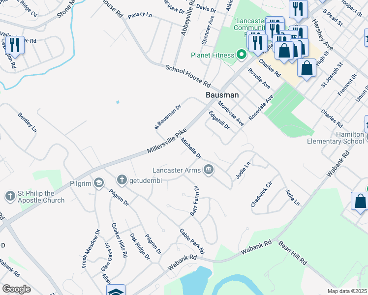 map of restaurants, bars, coffee shops, grocery stores, and more near 1701 Saint Paul Circle in Lancaster