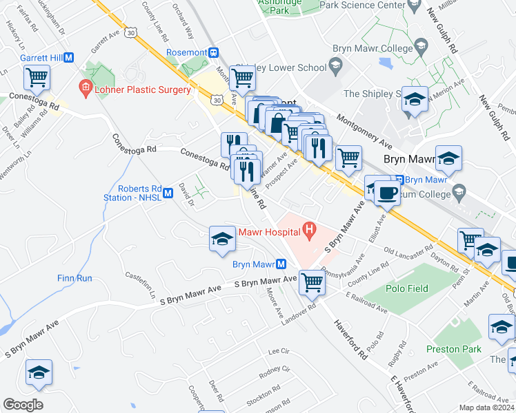 map of restaurants, bars, coffee shops, grocery stores, and more near 936 County Line Road in Bryn Mawr