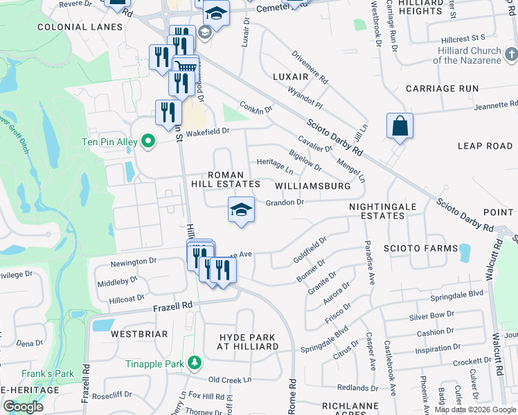 map of restaurants, bars, coffee shops, grocery stores, and more near 3404 Kroehler Drive in Hilliard