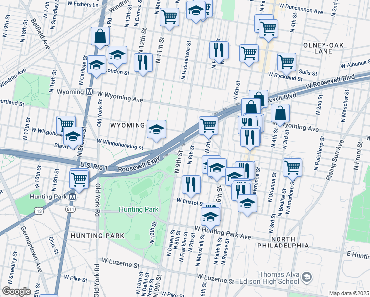 map of restaurants, bars, coffee shops, grocery stores, and more near 818 West Roosevelt Boulevard in Philadelphia