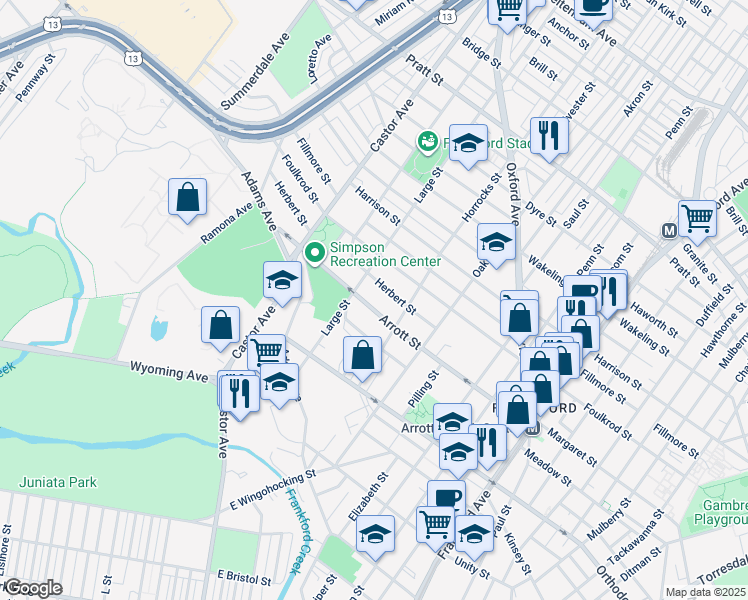 map of restaurants, bars, coffee shops, grocery stores, and more near 1117 Arrott Street in Philadelphia