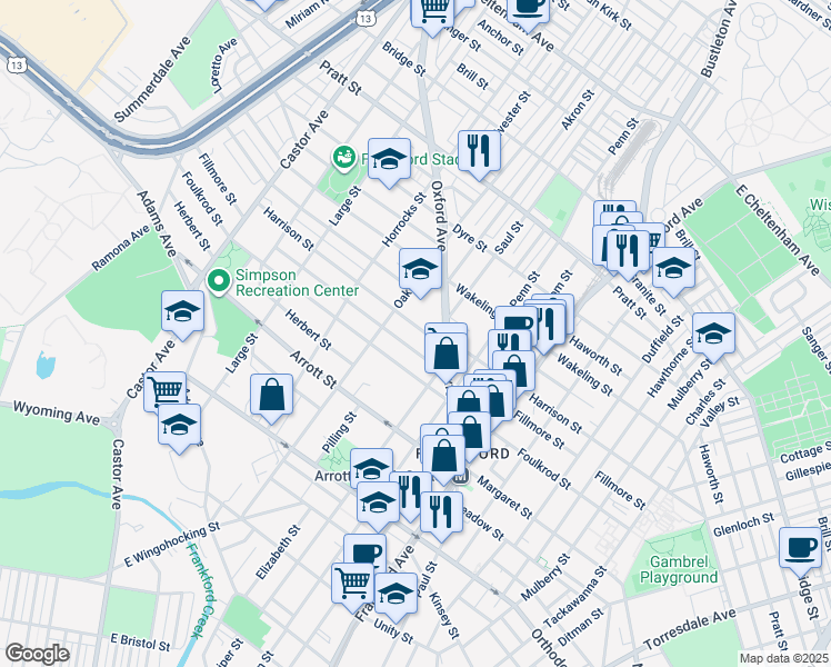 map of restaurants, bars, coffee shops, grocery stores, and more near 1336 Harrison Street in Philadelphia