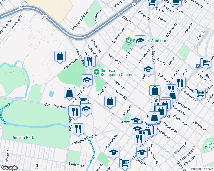 map of restaurants, bars, coffee shops, grocery stores, and more near 1100 Arrott Street in Philadelphia