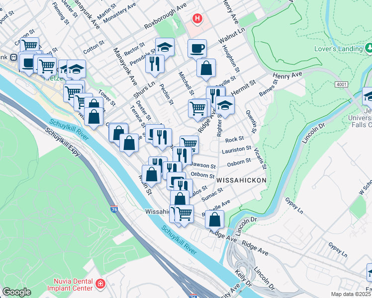 map of restaurants, bars, coffee shops, grocery stores, and more near 3812 Lauriston Street in Philadelphia