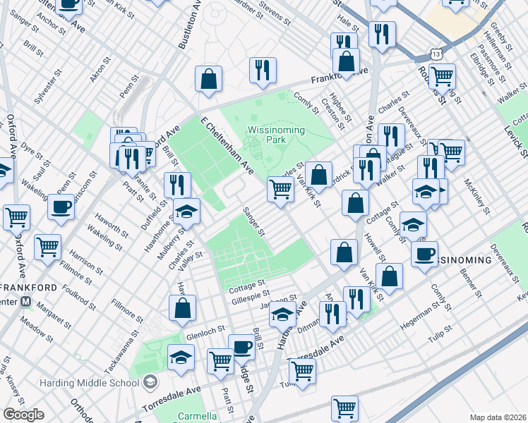map of restaurants, bars, coffee shops, grocery stores, and more near 5426 Valley Street in Philadelphia