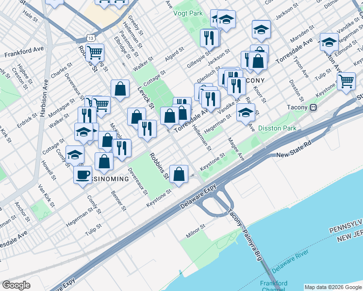 map of restaurants, bars, coffee shops, grocery stores, and more near 6409 Torresdale Avenue in Philadelphia