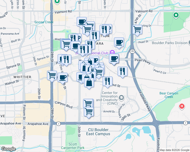 map of restaurants, bars, coffee shops, grocery stores, and more near 3201 Walnut Street in Boulder
