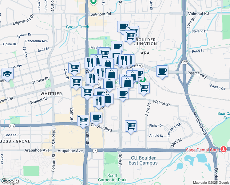 map of restaurants, bars, coffee shops, grocery stores, and more near 1925 30th Street in Boulder