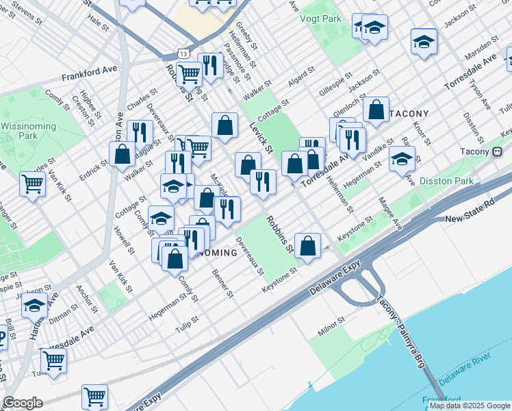 map of restaurants, bars, coffee shops, grocery stores, and more near 6312 Marsden Street in Philadelphia