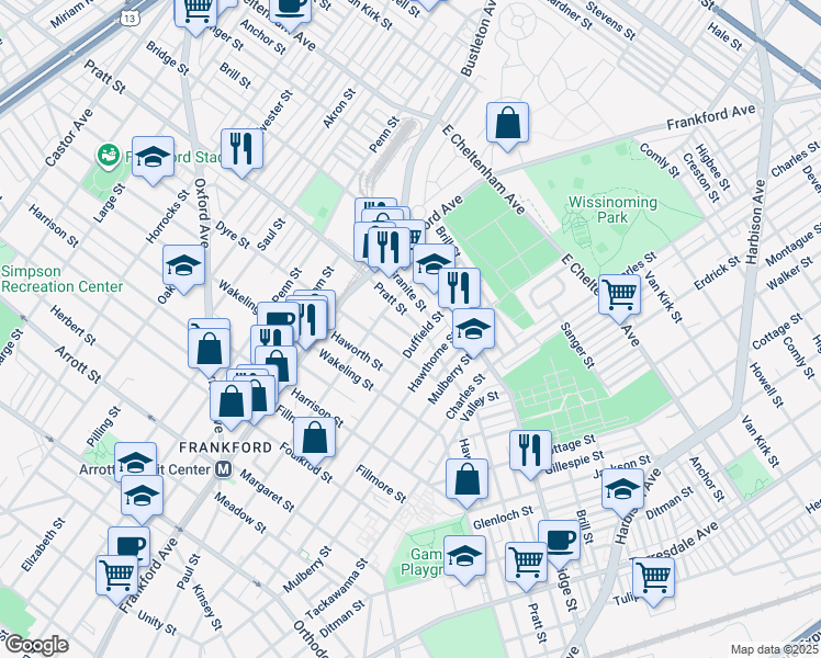 map of restaurants, bars, coffee shops, grocery stores, and more near 1673 Conklin Street in Philadelphia
