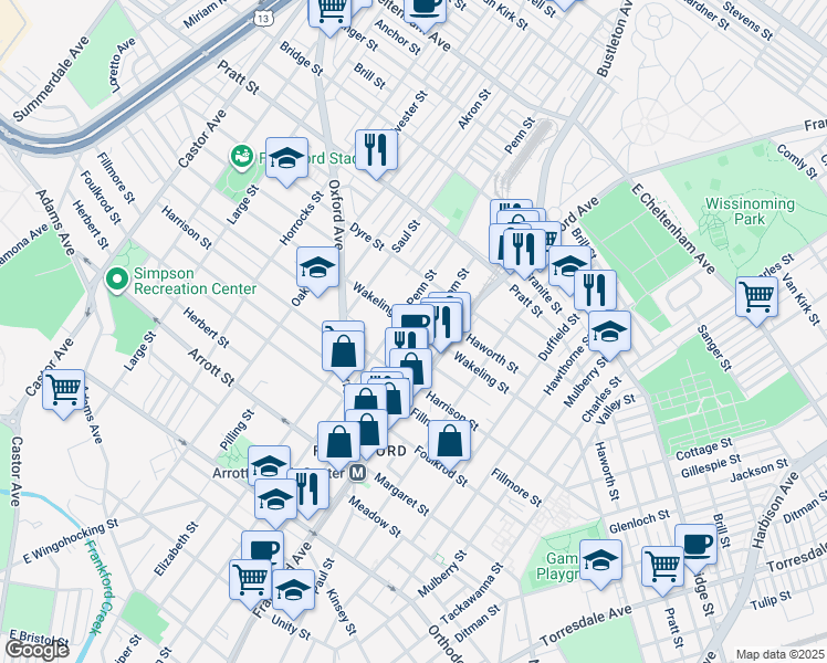 map of restaurants, bars, coffee shops, grocery stores, and more near 4946 Griscom Street in Philadelphia