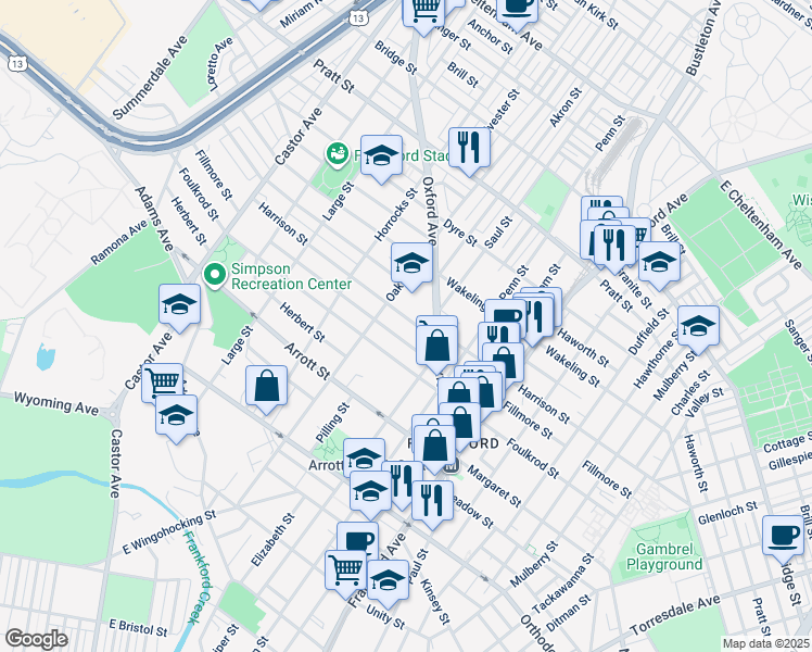 map of restaurants, bars, coffee shops, grocery stores, and more near 1336 Harrison Street in Philadelphia