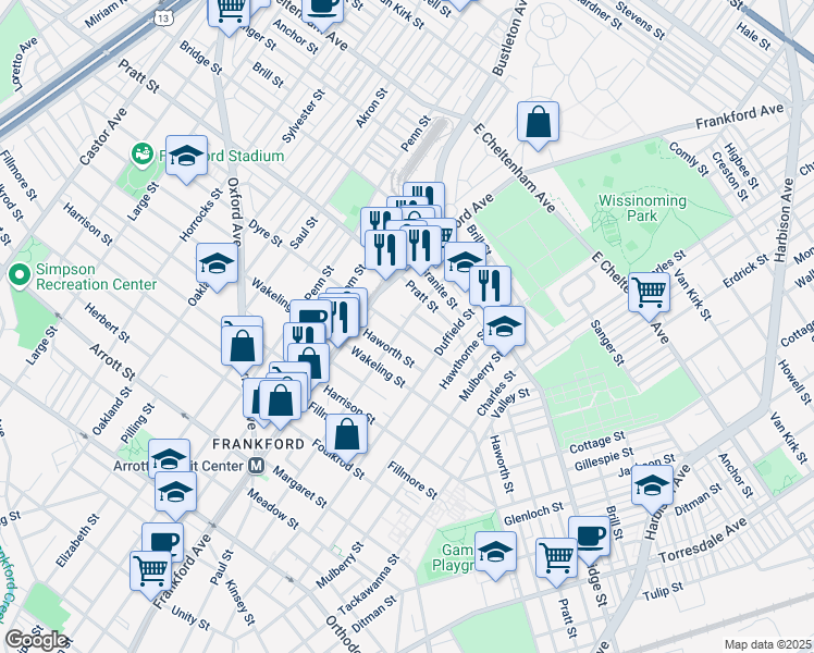 map of restaurants, bars, coffee shops, grocery stores, and more near 1641 Dyre Street in Philadelphia
