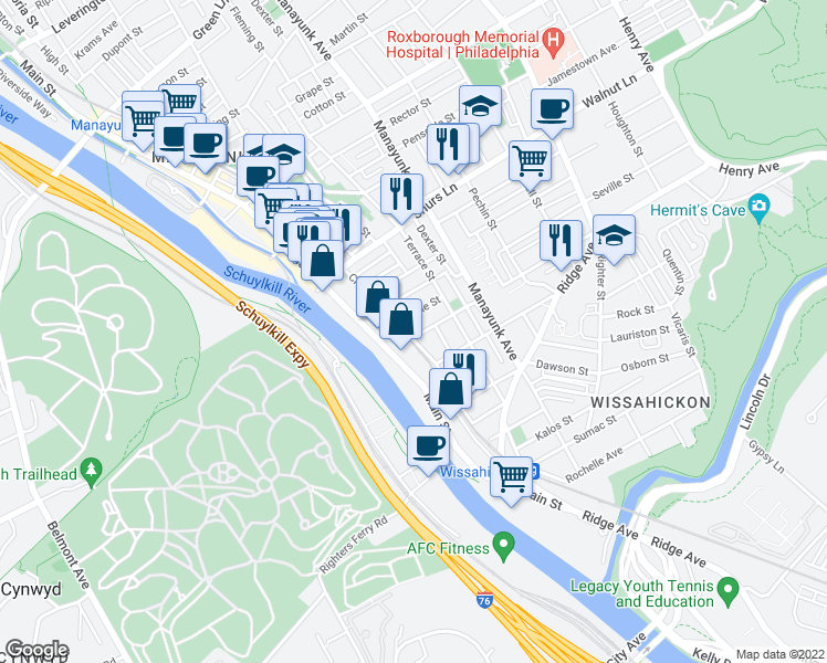 map of restaurants, bars, coffee shops, grocery stores, and more near 3913 Cresson Street in Philadelphia
