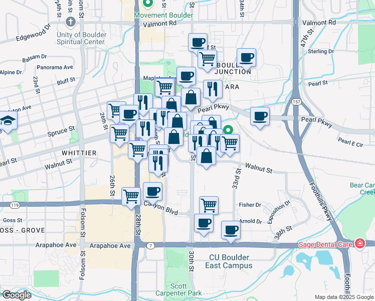 map of restaurants, bars, coffee shops, grocery stores, and more near 2081 30th Street in Boulder
