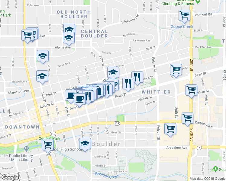 map of restaurants, bars, coffee shops, grocery stores, and more near 2005 Spruce Street in Boulder