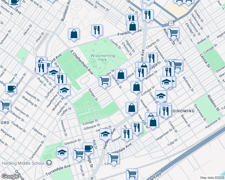 map of restaurants, bars, coffee shops, grocery stores, and more near 5727 Tackawanna Street in Philadelphia