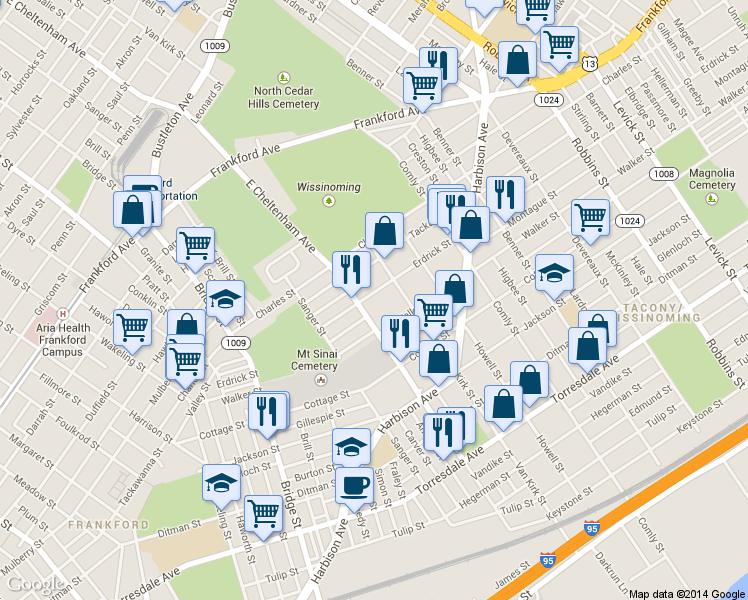 map of restaurants, bars, coffee shops, grocery stores, and more near 5727 Tackawanna Street in Philadelphia