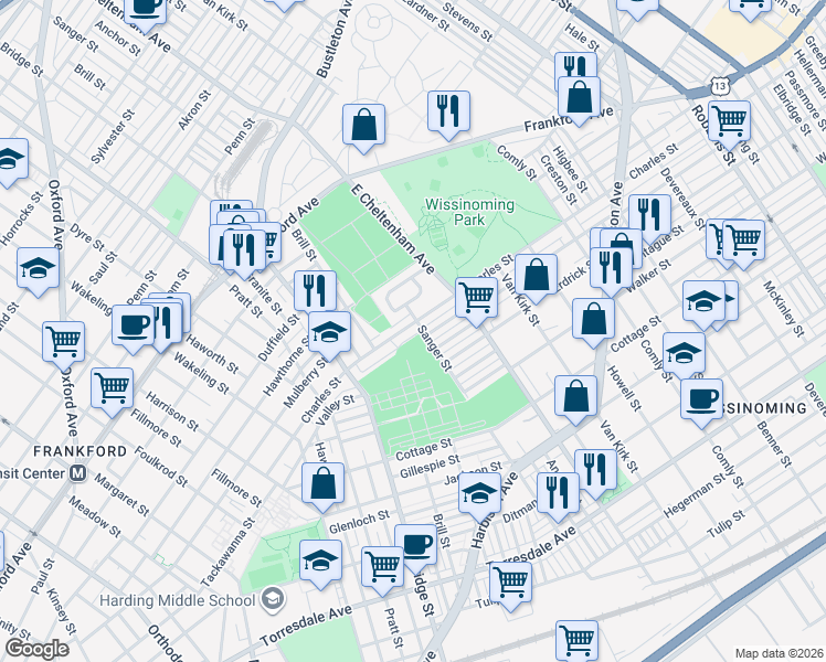 map of restaurants, bars, coffee shops, grocery stores, and more near 5412 Charles Street in Philadelphia