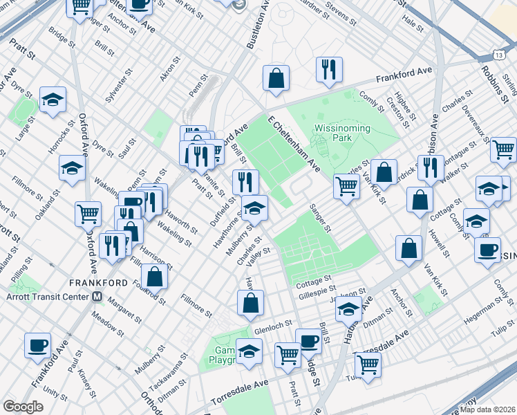 map of restaurants, bars, coffee shops, grocery stores, and more near 1726 Brill Street in Philadelphia