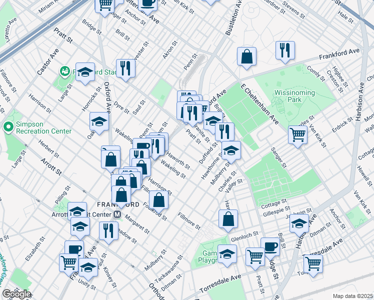 map of restaurants, bars, coffee shops, grocery stores, and more near 5114 Darrah Street in Philadelphia